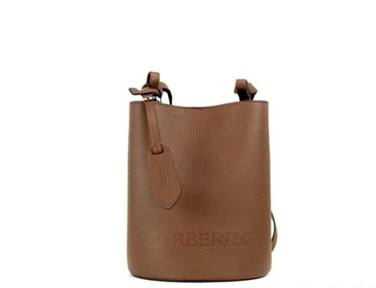 Burberry Lorne Small Tan Pebbled Leather Bucket Crossbody Handbag Purse Bag Brown