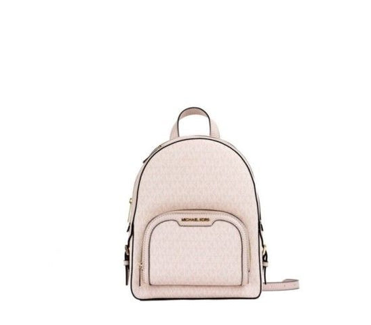 Michael Kors Jaycee Medium Powder Blush Signature PVC Zip Pocket Backpack Bag