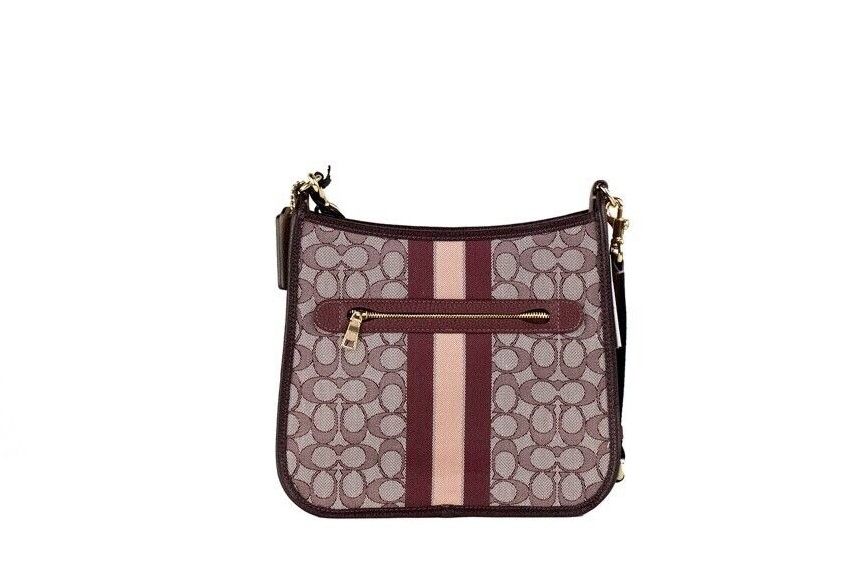 COACH Dempsey Wine Signature Jacquard Canvas Patch File Crossbody Bag