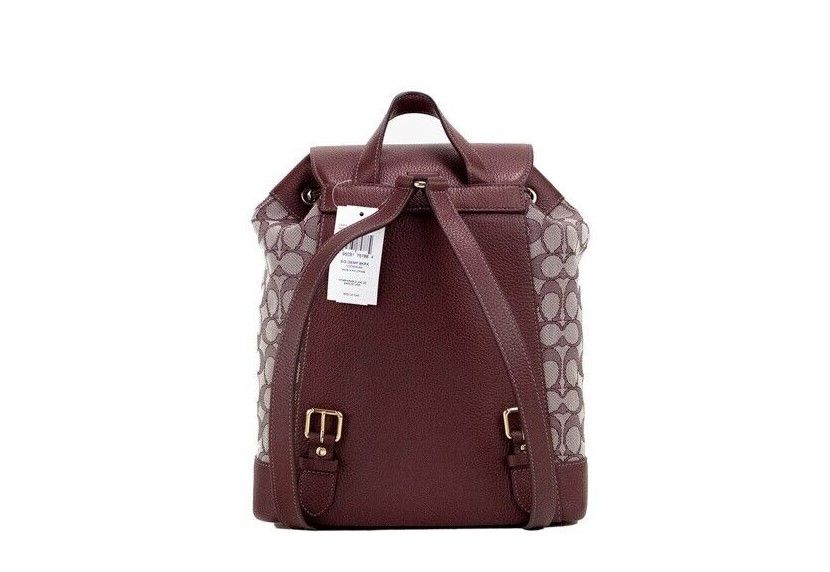 COACH Dempsey Wine Multi Signature Jacquard Canvas Logo Patch Backpack