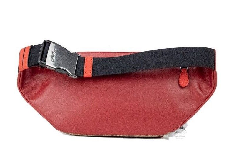 COACH Track Colorblock Khaki Coated Canvas Red Leather Stamp Belt Bag