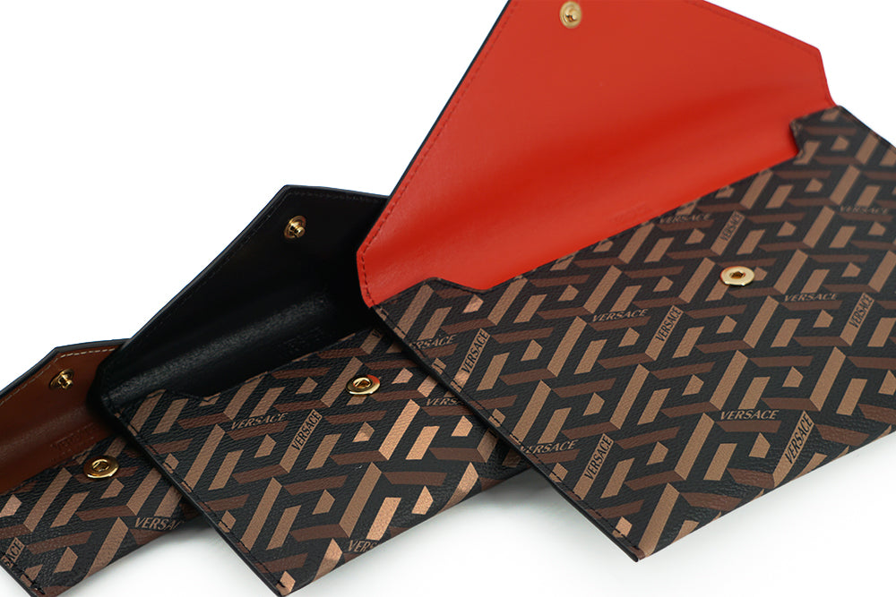 Elegant Versace Trio Pouch Set in Red & Brown