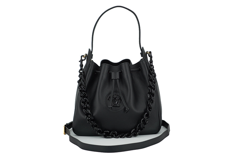 Versace Elegant Black Leather Medusa Hobo Bag