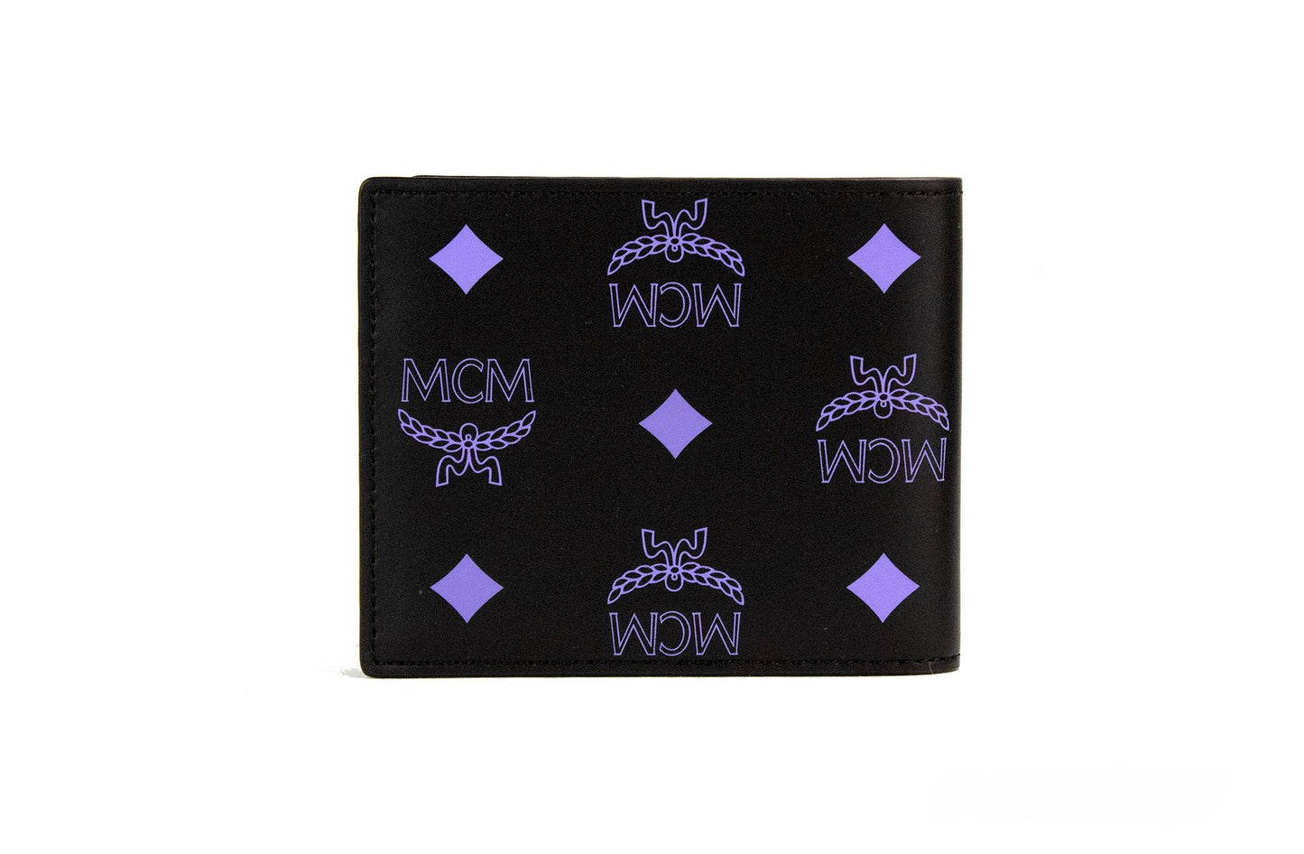 MCM Small Black Dahlia Purple Smooth Visetos Monogram Logo Leather Bifold Wallet