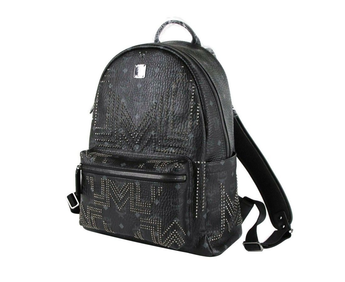 MCM Black Coated Canvas Studded Medium Backpack