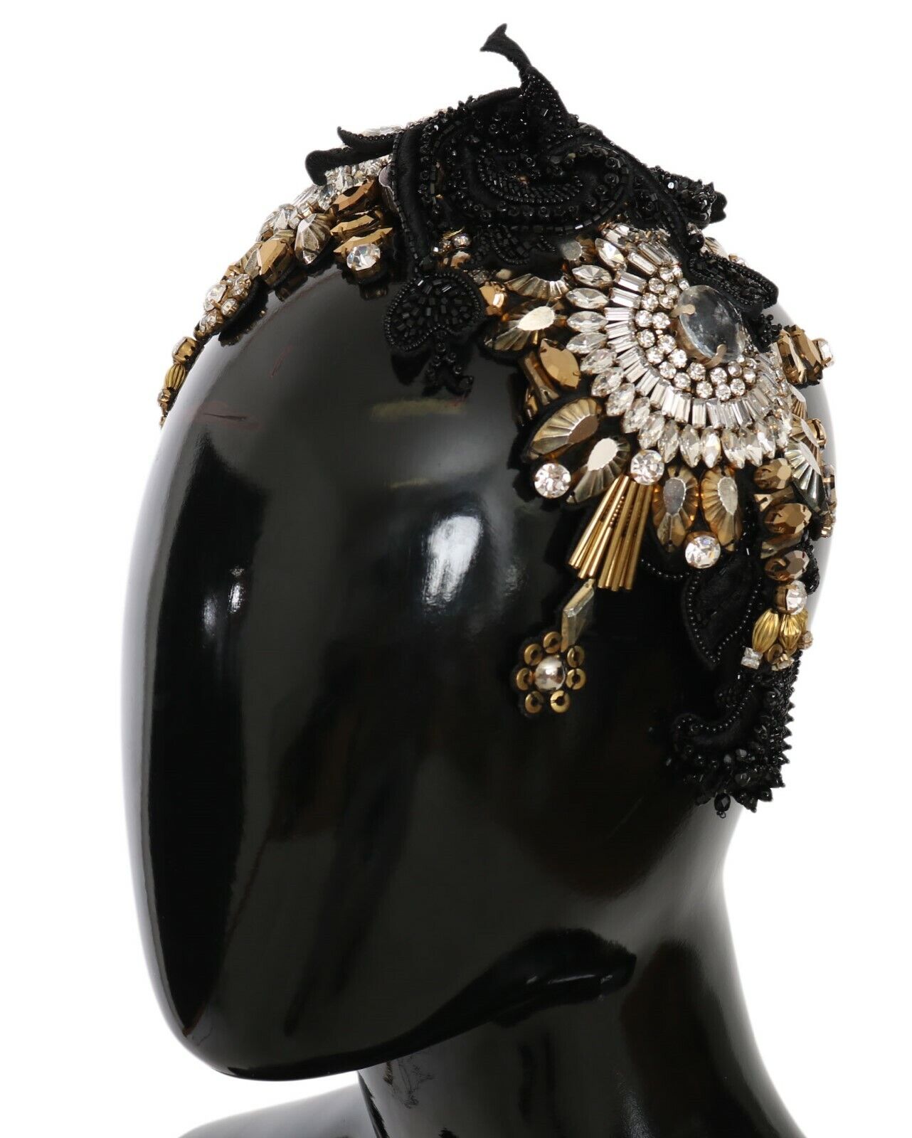 Dolce & Gabbana Black Silk Gold Crystal Studded Diadem