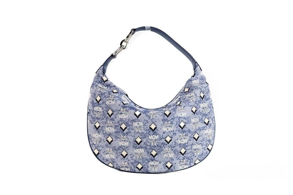 MCM Portuna Large Crescent Blue Vintage Denim Fabric Hobo Bag Shoulder Purse