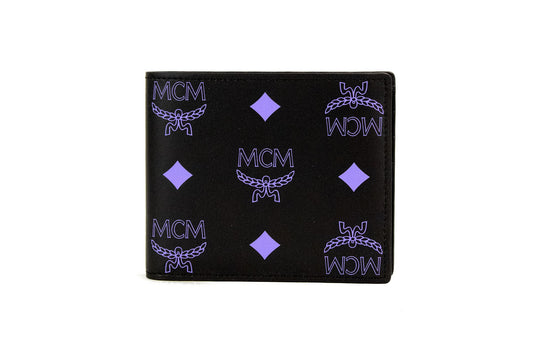 MCM Small Black Dahlia Purple Smooth Visetos Monogram Logo Leather Bifold Wallet